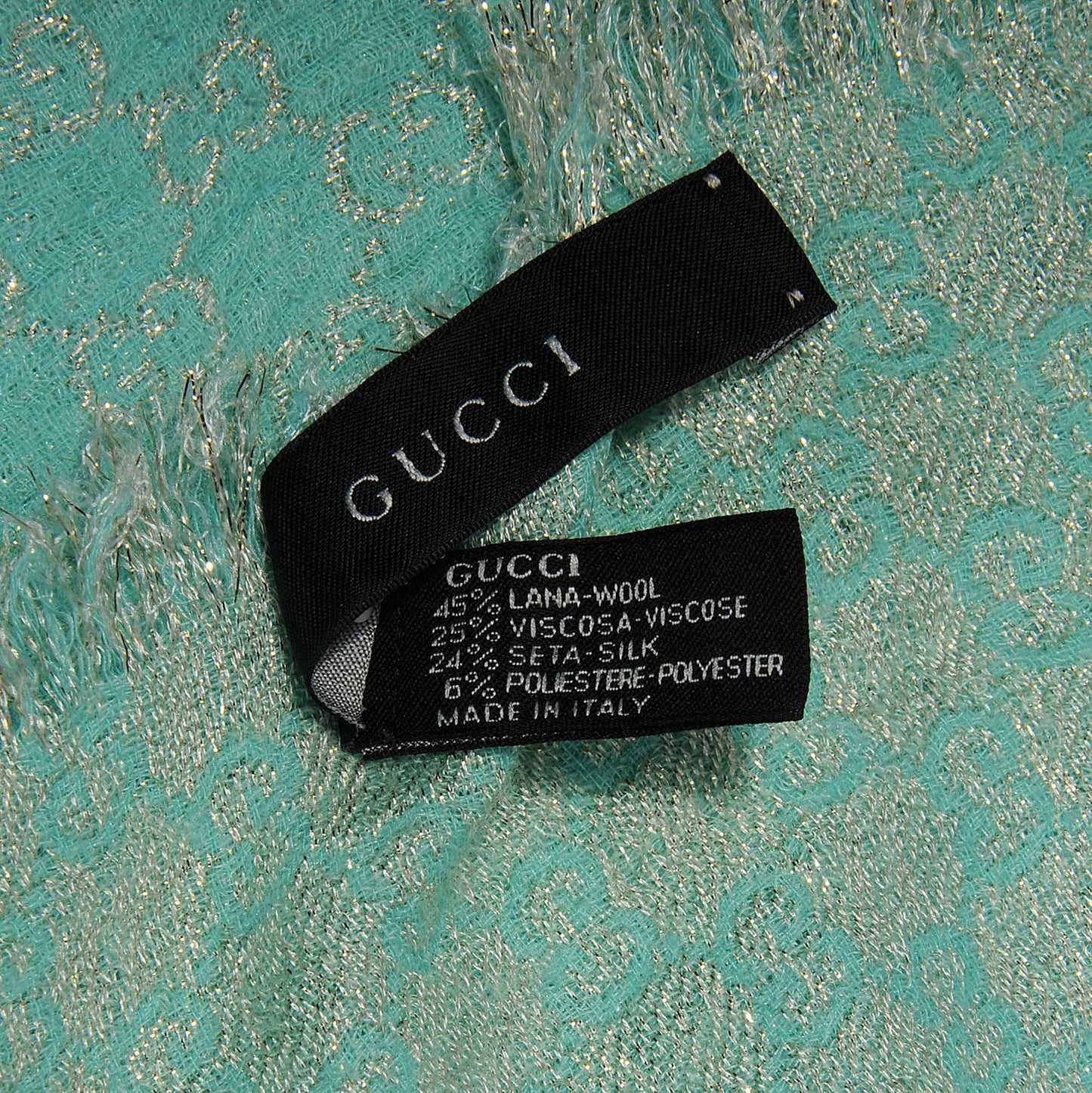 Wool Silk Jacquard Monogram Fringe Scarf Aqua Gold