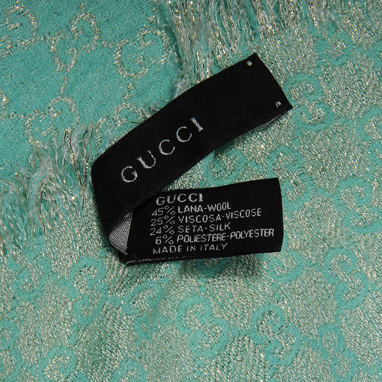 Gucci Wool Silk Jacquard Monogram Fringe Scarf Aqua Gold 5 of 6