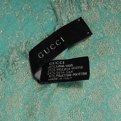 Gucci Wool Silk Jacquard Monogram Fringe Scarf Aqua Gold 5 of 6