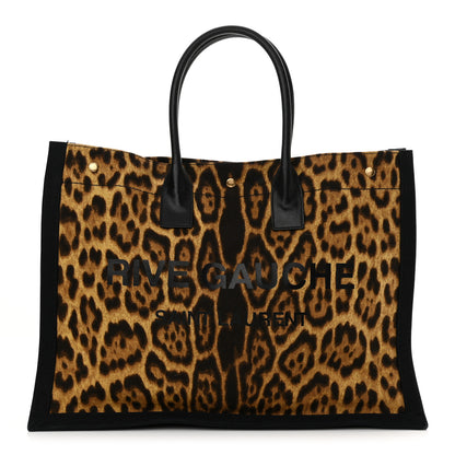 Saint Laurent Canvas Calfskin Leopard Print Rive Gauche Noe Tote Natural Black 1 of 13