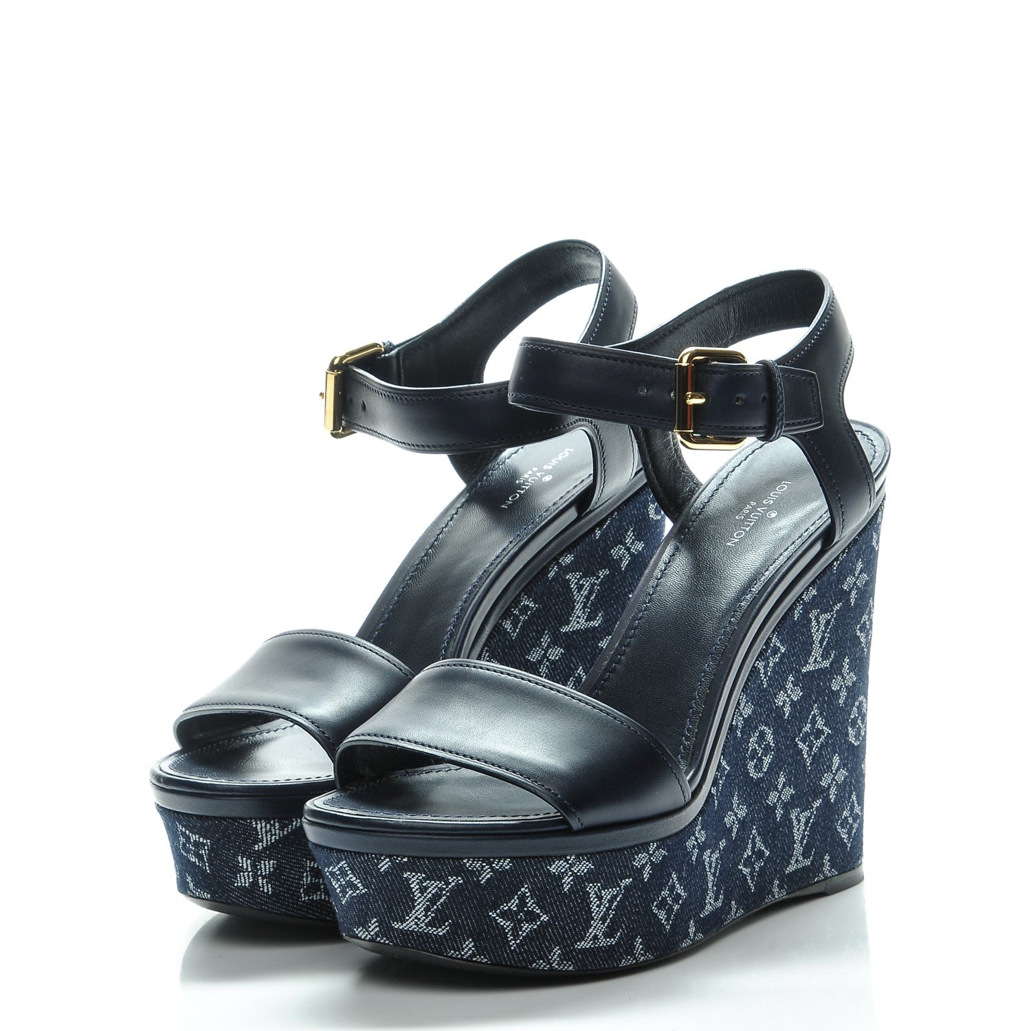 Louis Vuitton Calfskin Monogram Denim Waterfall Wedge Sandals 38 Blue 3 of 8