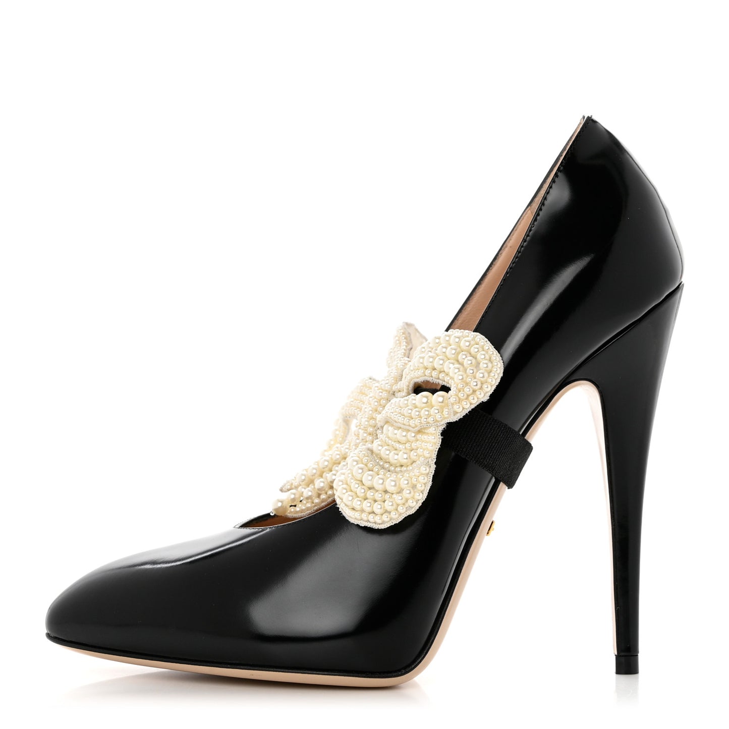 Polished Calfskin Removable Pearly Bow Elaisa Platform High Heel Pumps 37 Black