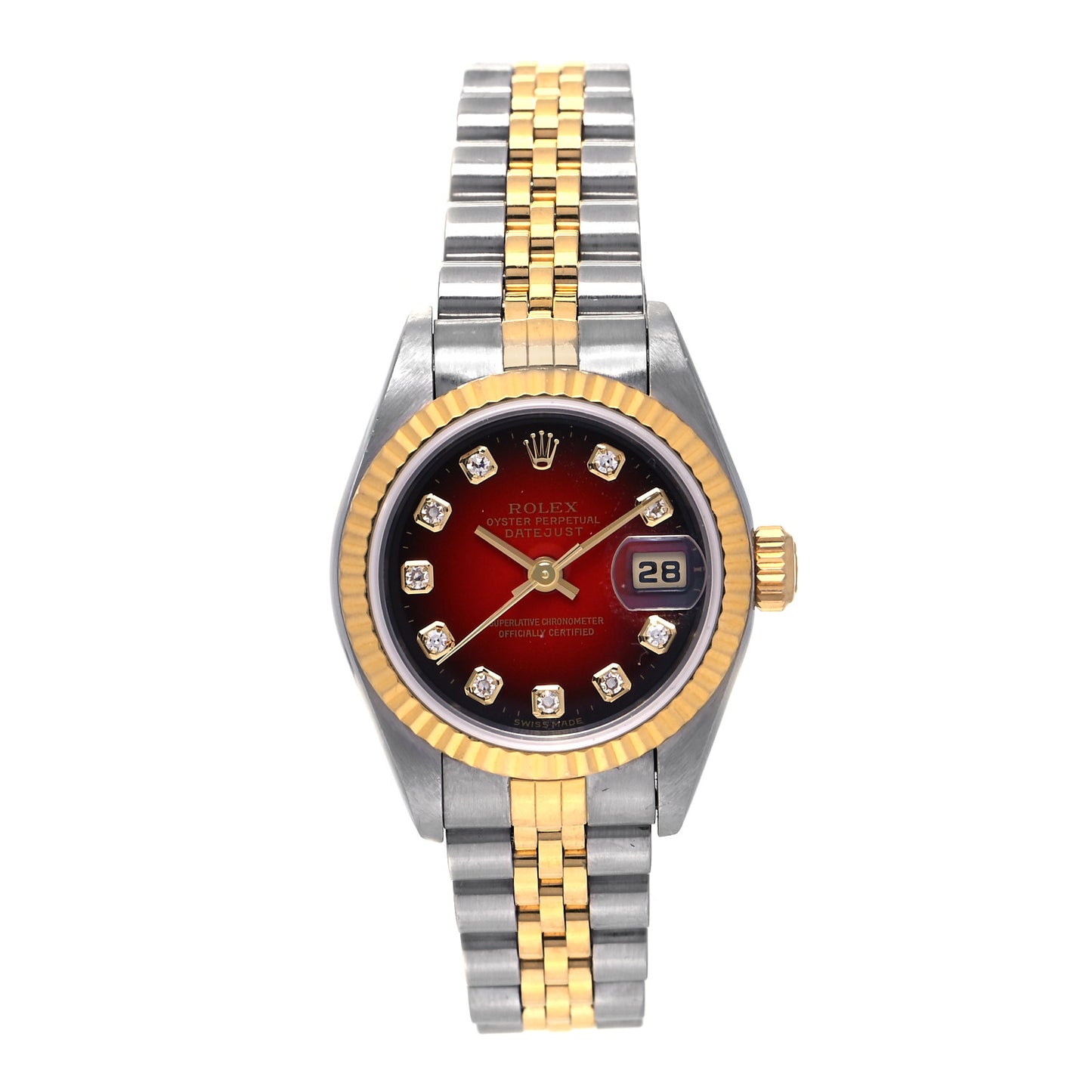 Stainless Steel 18K Yellow Gold Diamond 26mm Oyster Perpetual Datejust Watch Red Gradient 79173