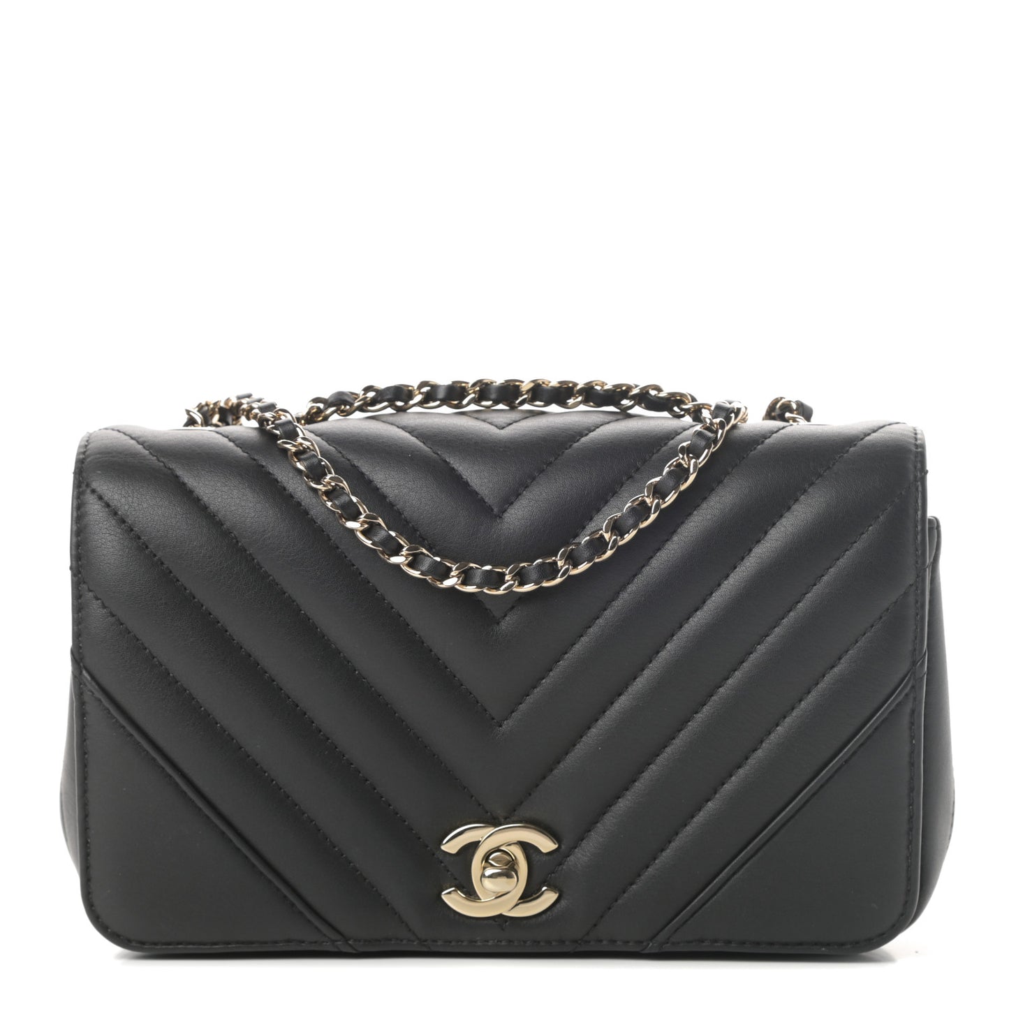Calfskin Chevron Quilted Mini Statement Flap Black