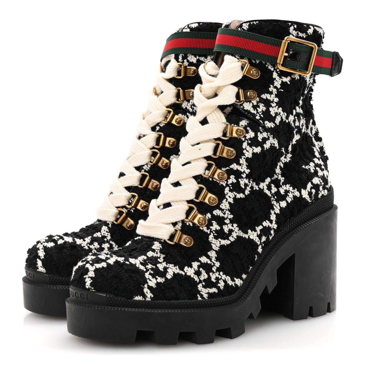 Tweed GG Monogram Lace Up Combat Ankle Boots 37 Black