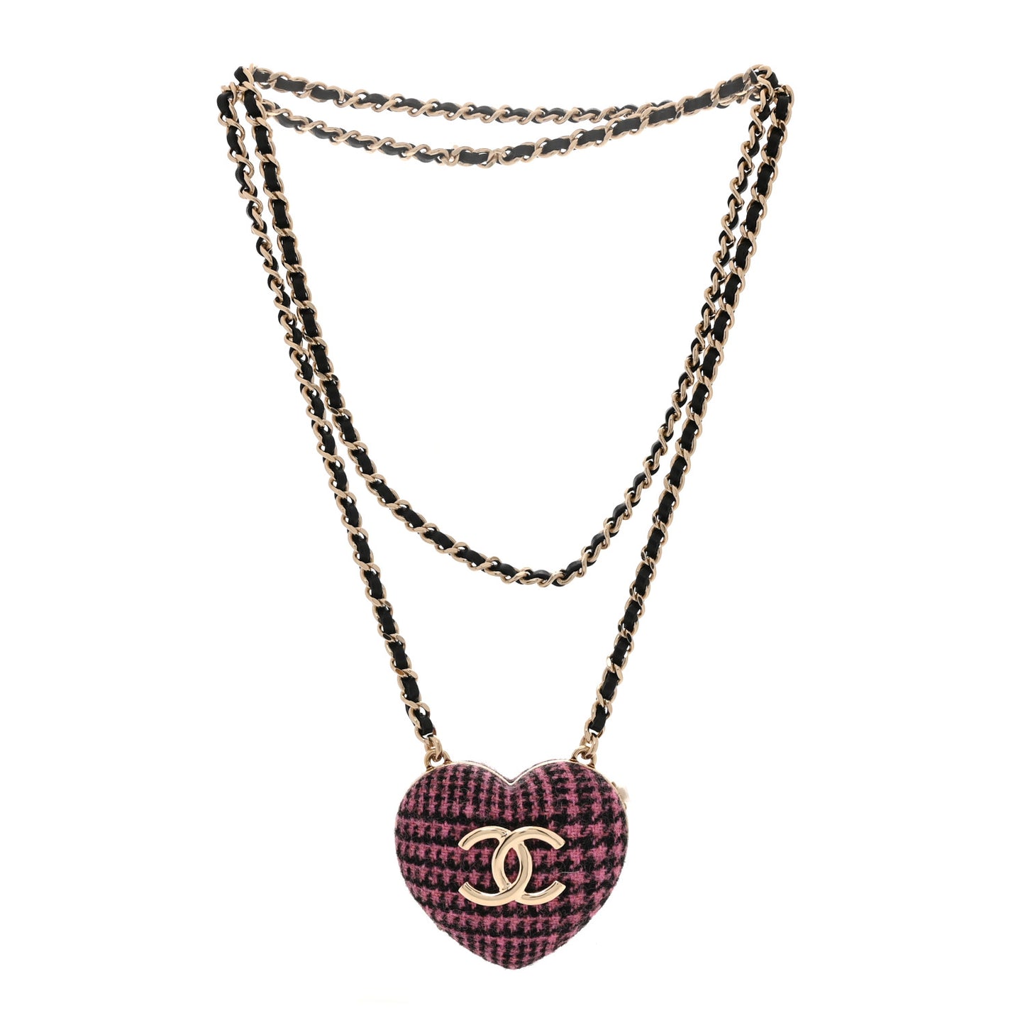 Tweed Lambskin CC Heart Locket Necklace Gold Black Pink