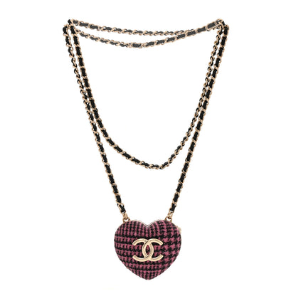 Chanel Tweed Lambskin CC Heart Locket Necklace Gold Black Pink 3 of 6