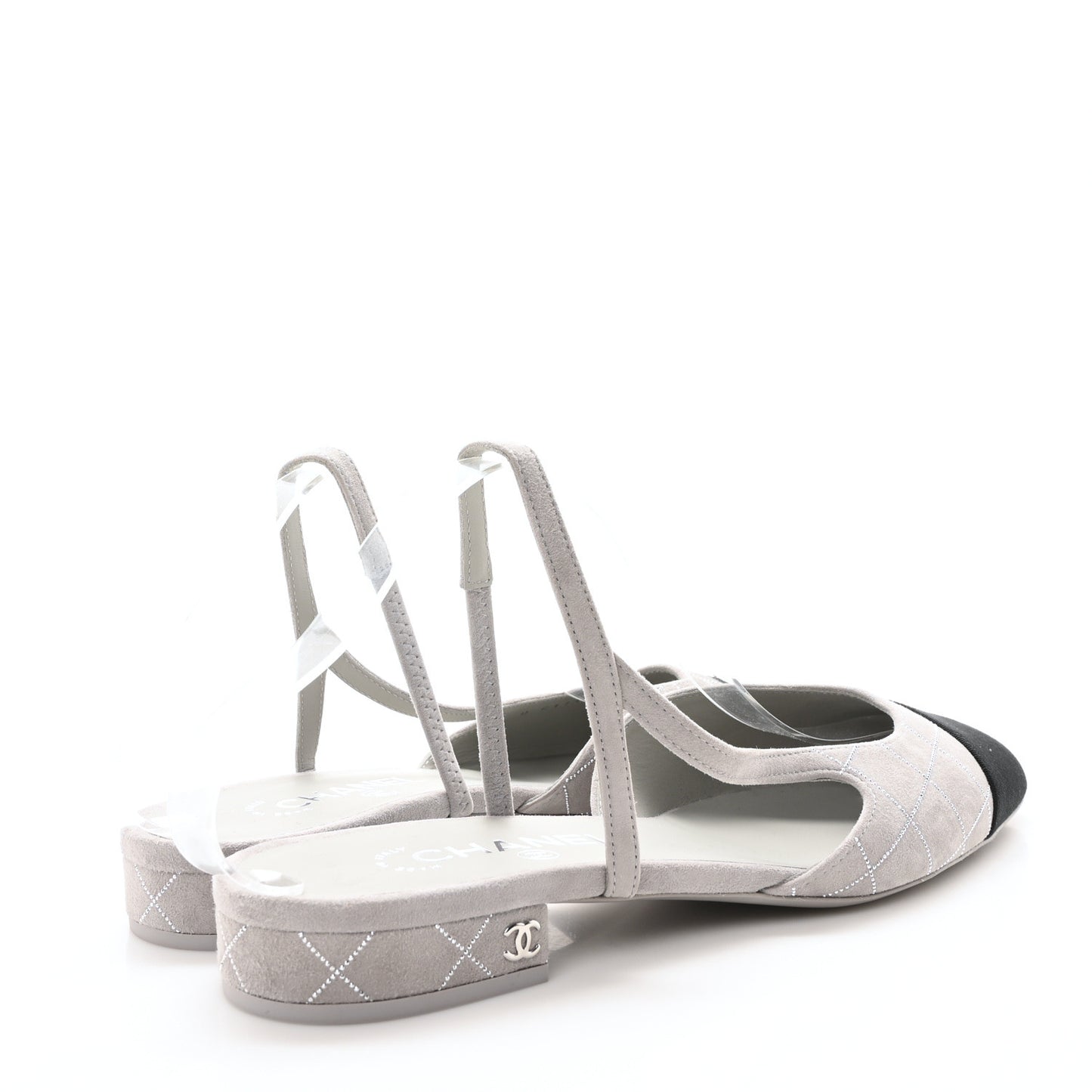 Suede Crystal Grosgrain Cap Toe CC Slingback Flats 40 Gray Silver Black