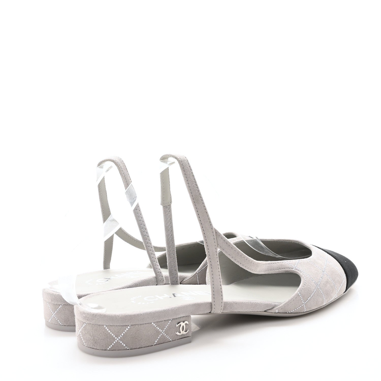 Chanel Suede Crystal Grosgrain Cap Toe CC Slingback Flats 40 Gray Silver Black 5 of 9