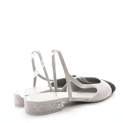 Chanel Suede Crystal Grosgrain Cap Toe CC Slingback Flats 40 Gray Silver Black 5 of 9