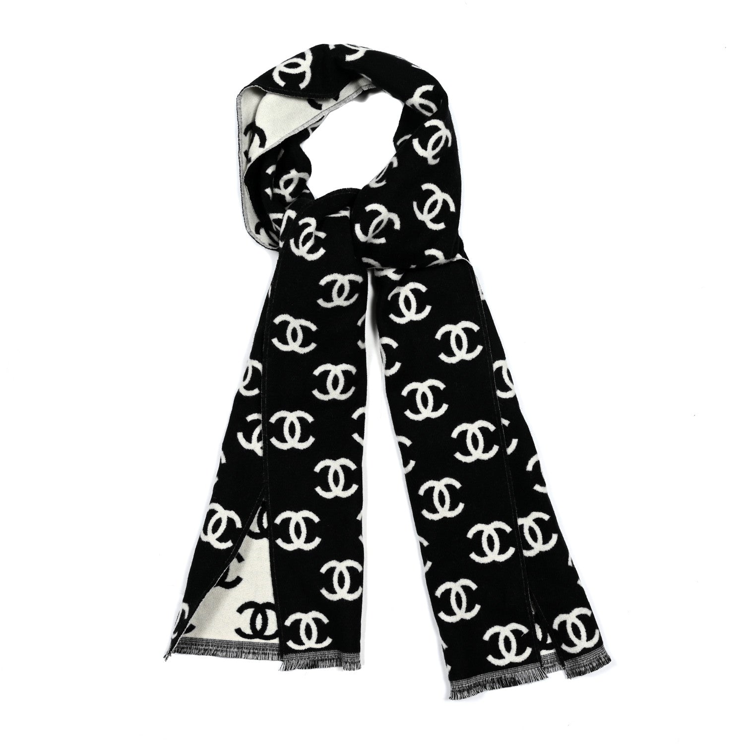 Chanel Wool Cashmere CC Scarf Black White 1 of 3