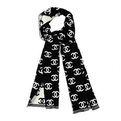 Chanel Wool Cashmere CC Scarf Black White 1 of 3