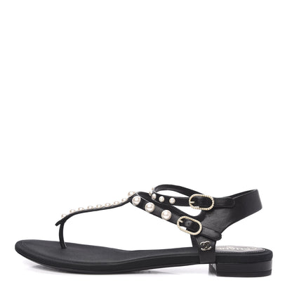Chanel Lambskin Pearl Thong Sandals 40 Black 1 of 8