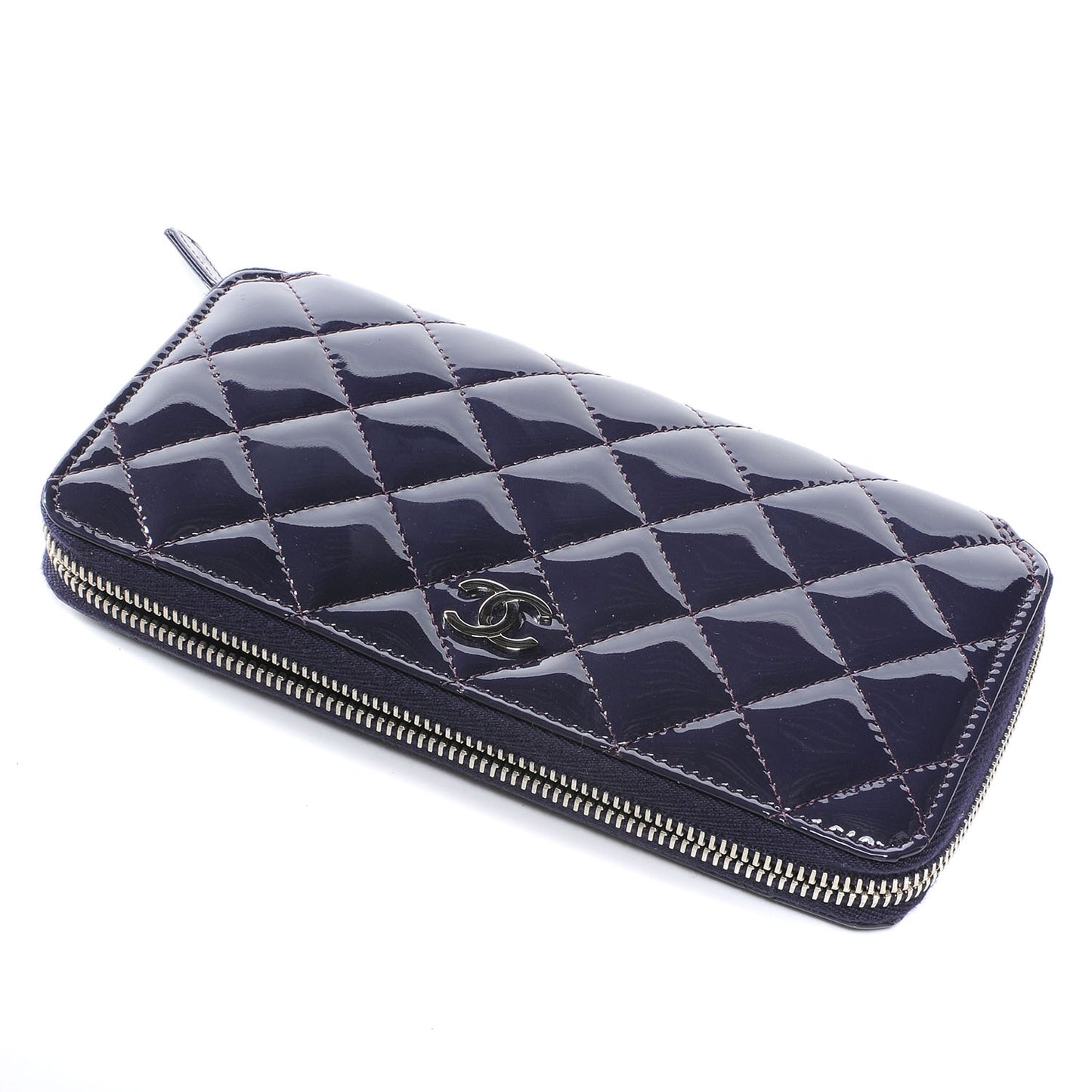 Patent Quilted Large Zip Around Wallet Purple