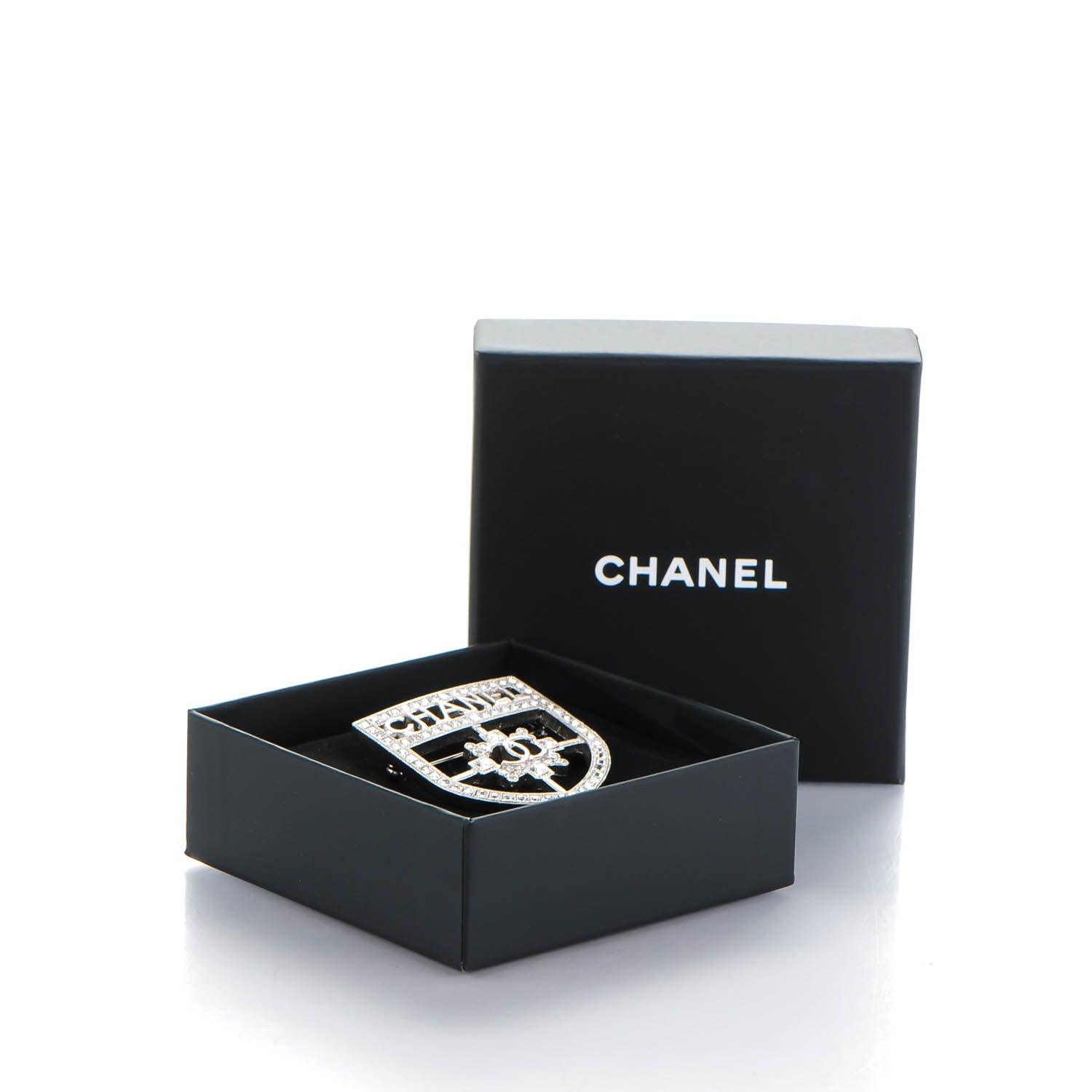 Chanel Swarovski Baguette Crystal CC Shield Brooch Silver 5 of 5