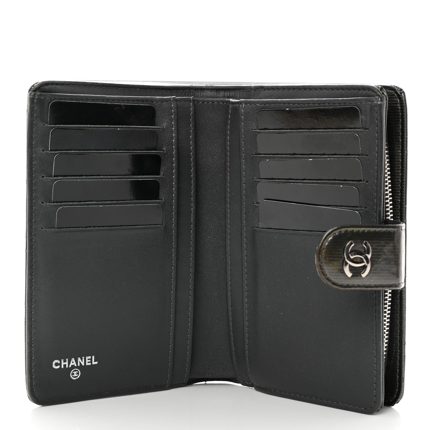 Striated Patent CC French Wallet Dark Grey