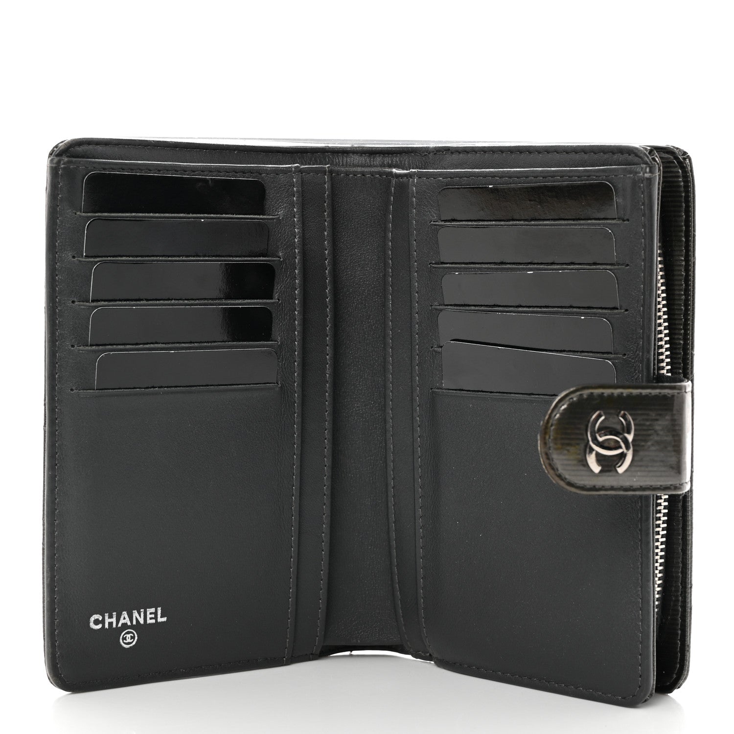 Chanel Striated Patent CC French Wallet Dark Grey 5 of 10