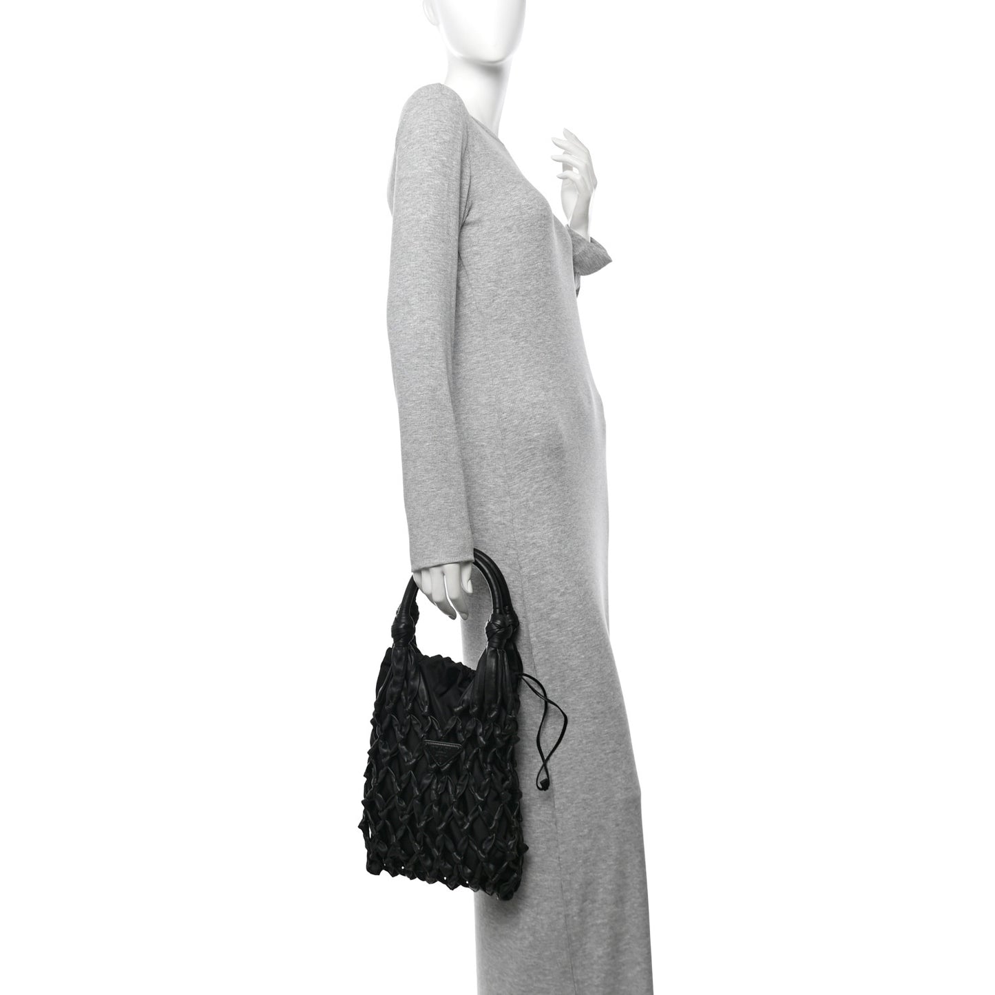 Nylon Calfskin Rete Top Handle Bag Black