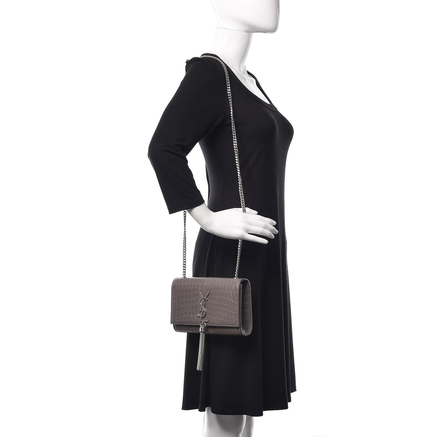 Calfskin Crocodile Embossed Small Classic Monogram Kate Tassel Satchel Fog