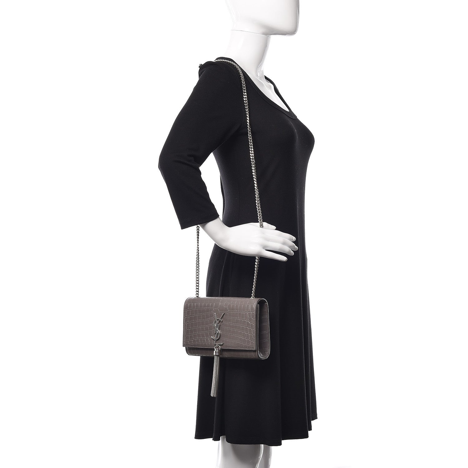 Saint Laurent Calfskin Crocodile Embossed Small Classic Monogram Kate Tassel Satchel Fog 2 of 9