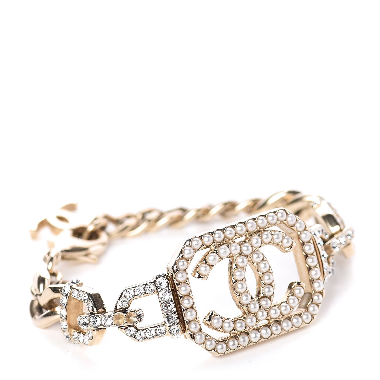 Chanel Crystal Pearl CC Vendome Bracelet Gold Pearly White 2 of 10