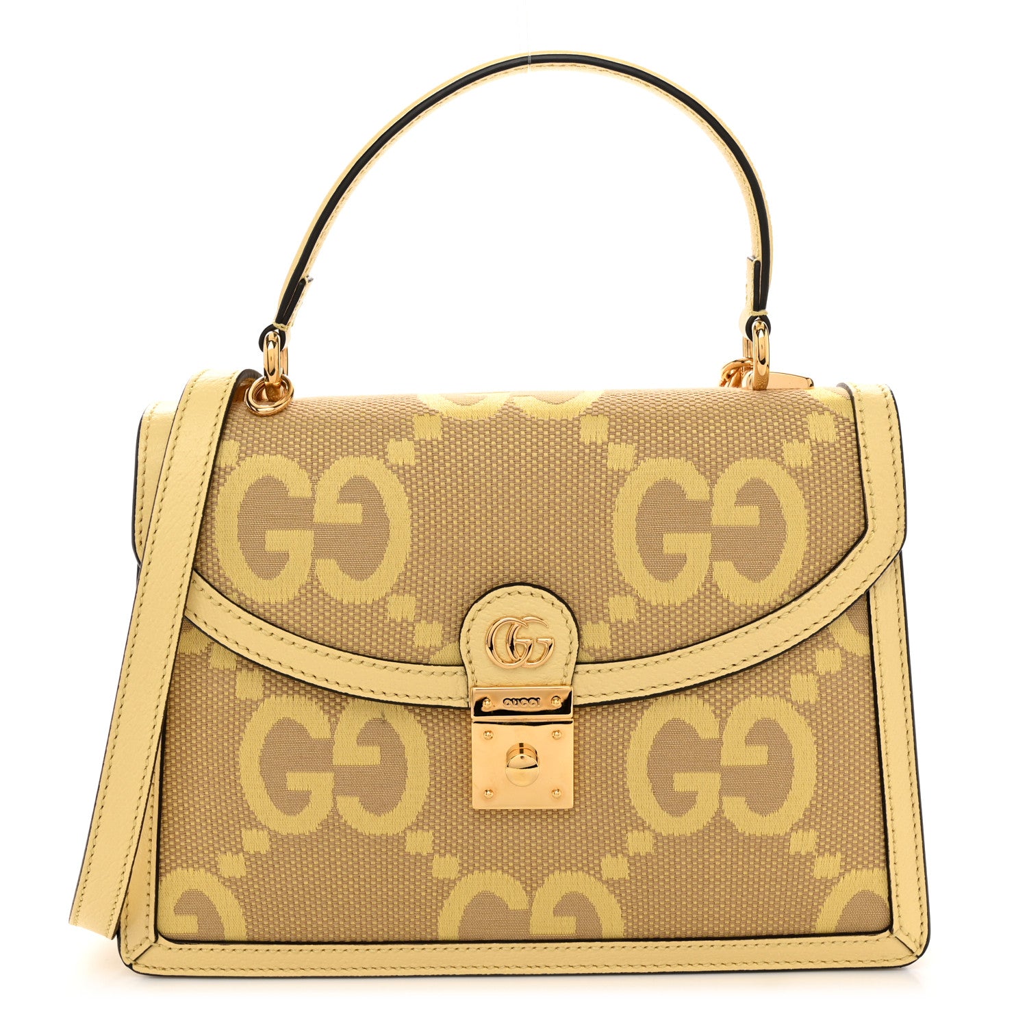 Gucci Monogram Jumbo GG Textured Dollar Calfskin Mini Ophidia Padlock Top Handle Shoulder Bag Camel Banana 1 of 11