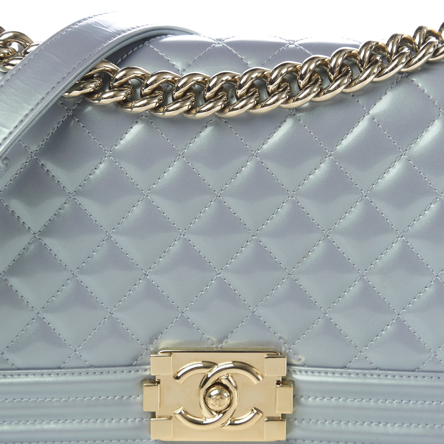 Iridescent Patent Calfskin Quilted Medium Boy Flap Light Blue