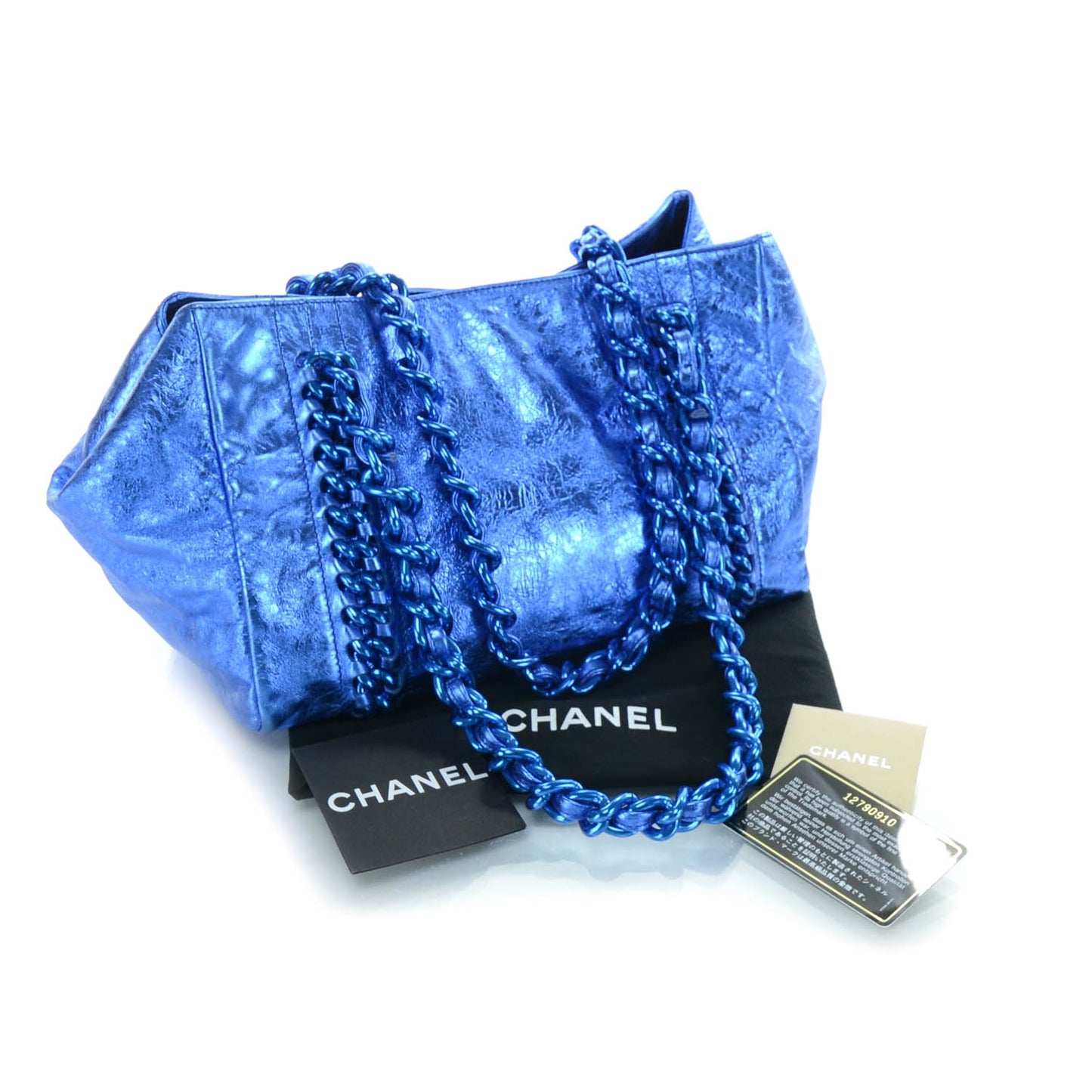 Leather Modern Chain Tote Metallic Blue