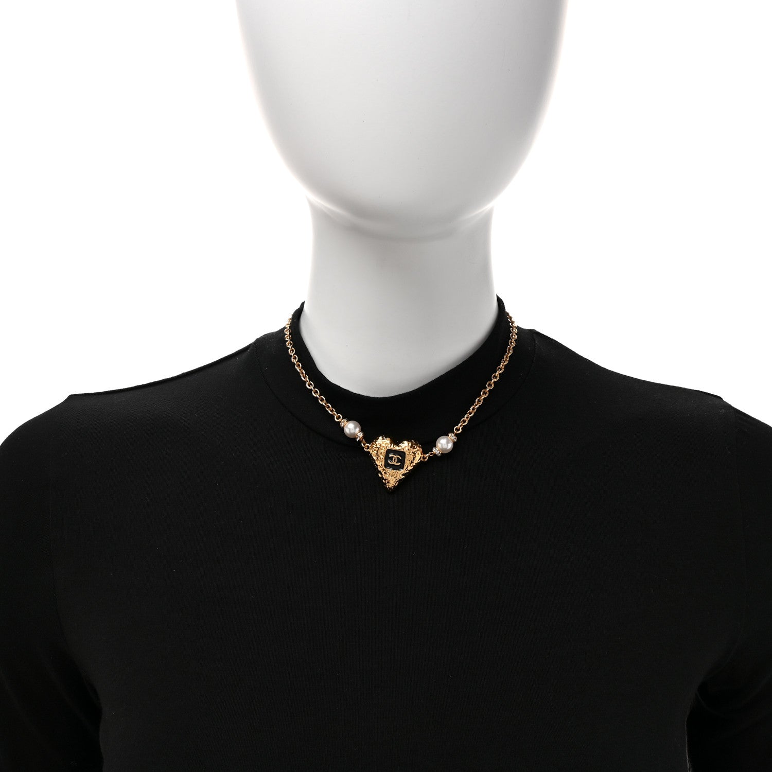 Chanel Resin Crystal Pearl Chain Heart CC Pendant Necklace Black White Gold 2 of 5