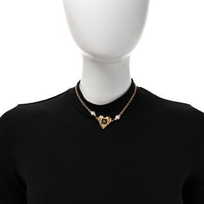 Chanel Resin Crystal Pearl Chain Heart CC Pendant Necklace Black White Gold 2 of 5