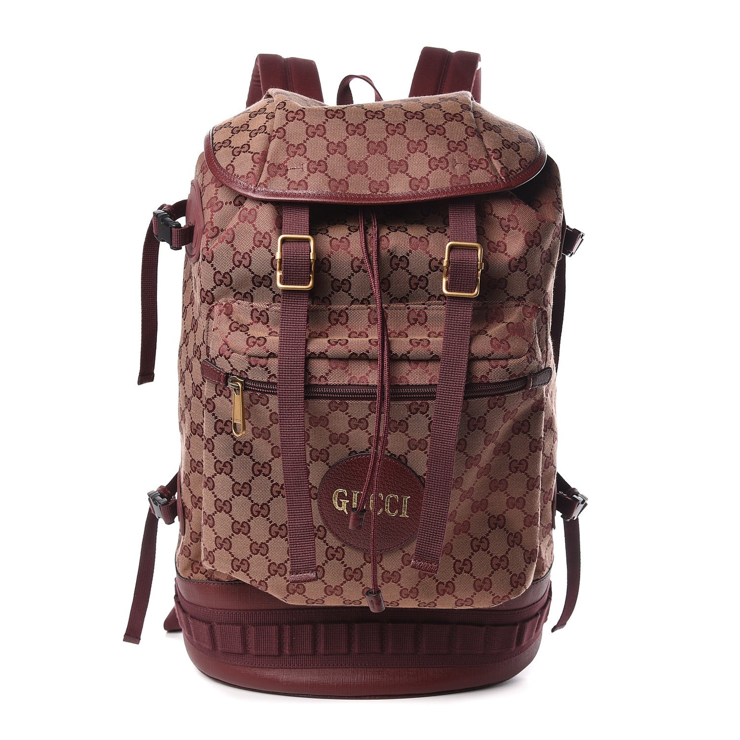 GG Monogram Script Logo Large Double Pocket Backpack Sahara Rubino Bordeaux