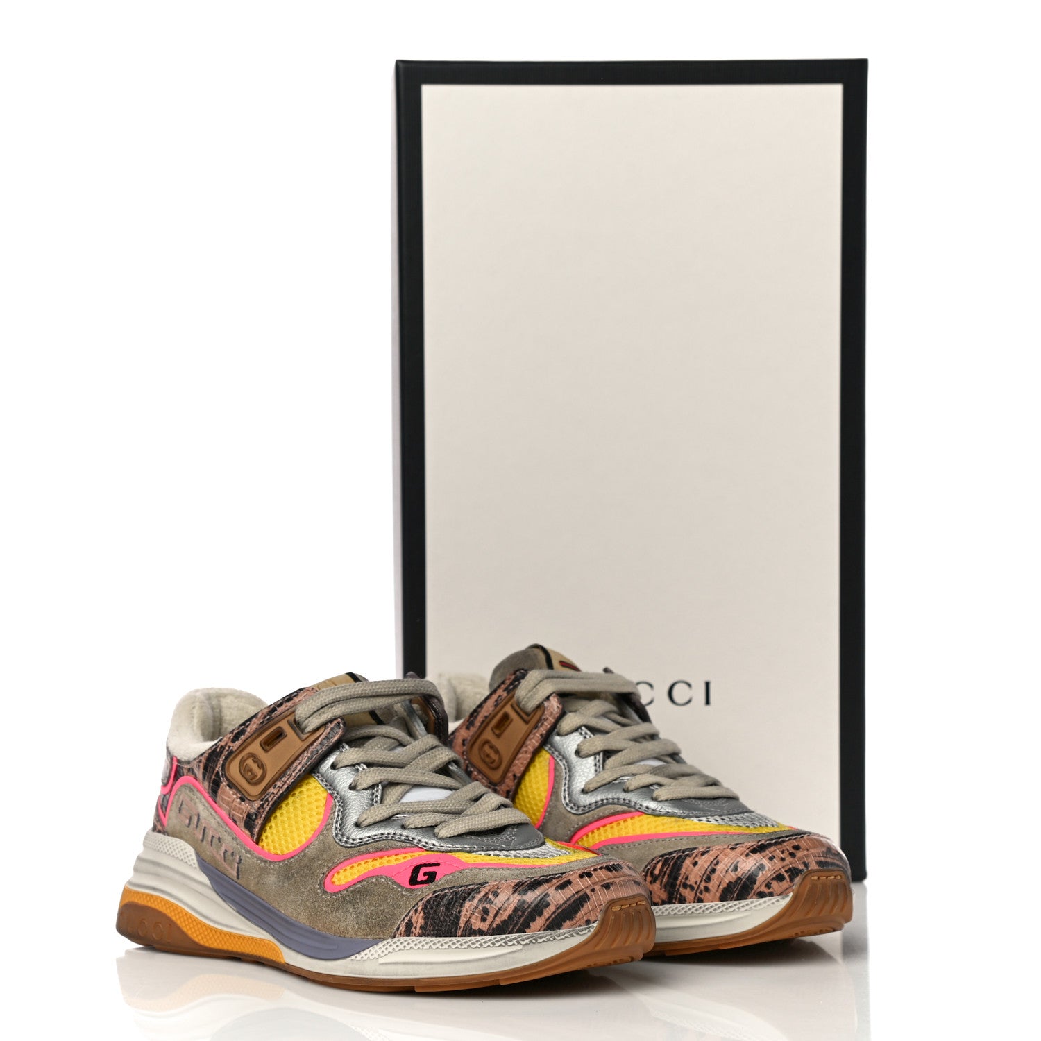Gucci Suede Calfskin Tejus Printed Womens Ultrapace Sneakers 35 Pink Silver Oatmeal Yolk 9 of 9