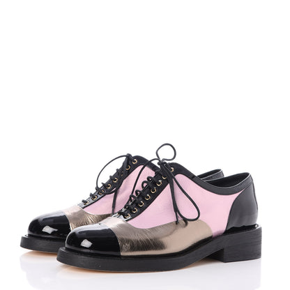 Chanel Crumpled Lambskin Patent CC Lace Up Oxfords 38 Pink Gold Black 3 of 7