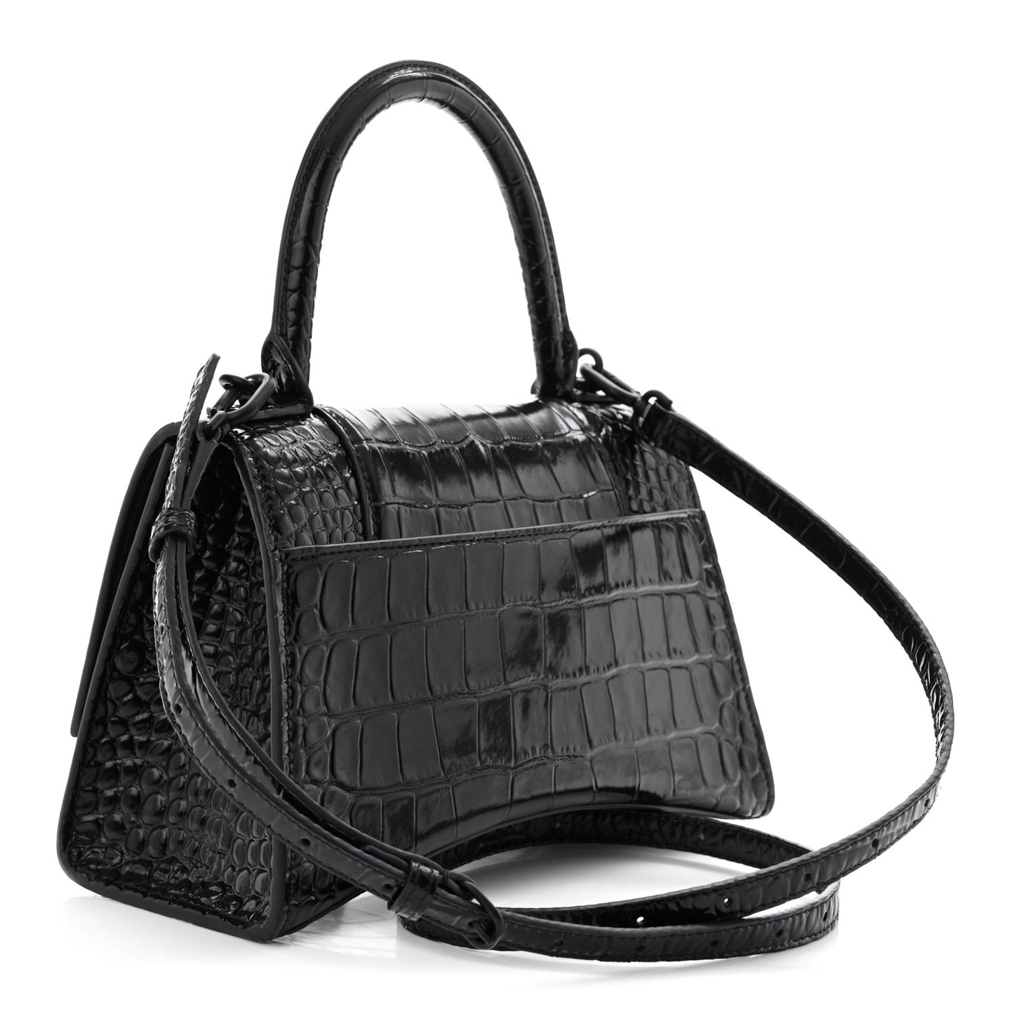 Shiny Calfskin Monochrome Crocodile Embossed Small Hourglass Top Handle Bag Black