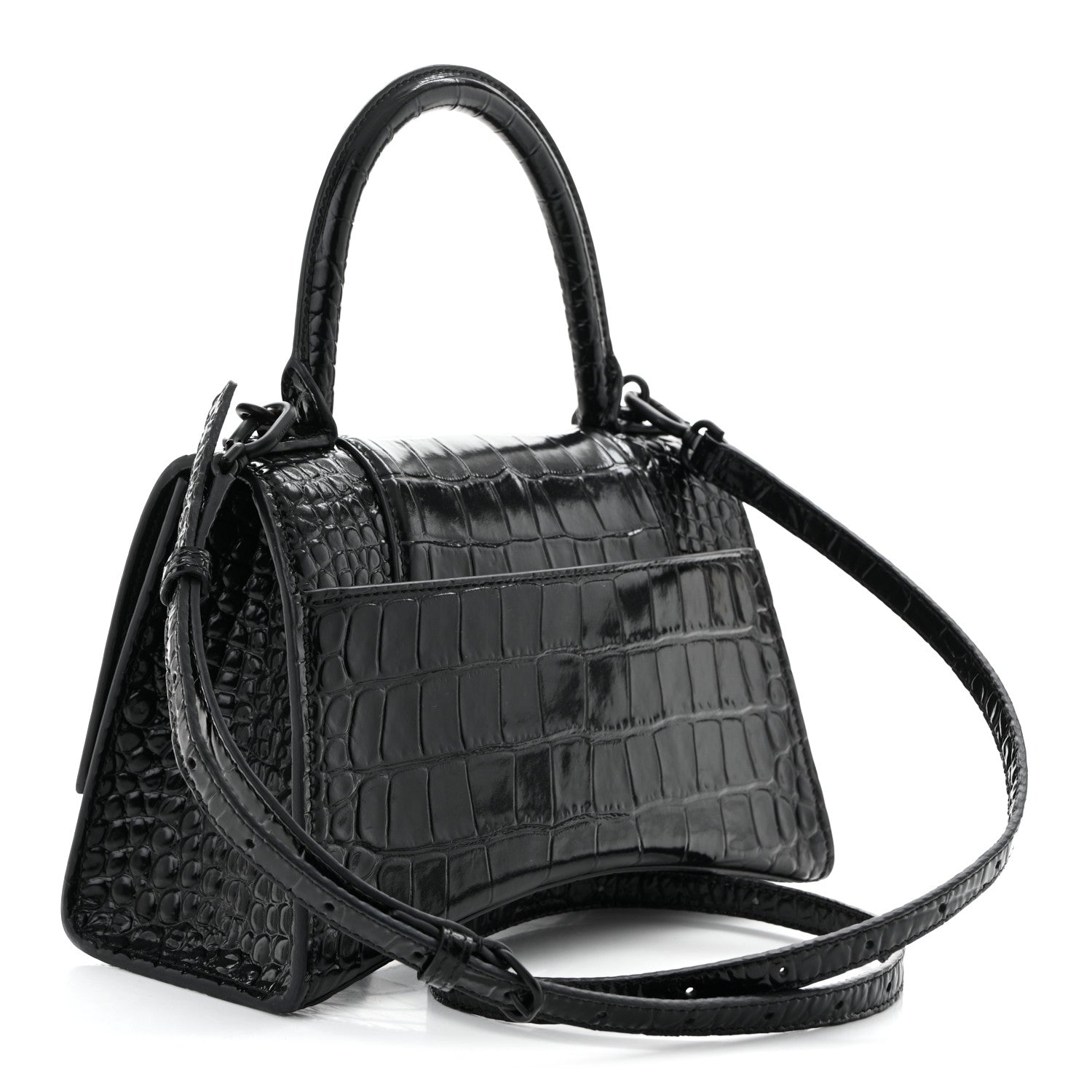 Balenciaga Shiny Calfskin Monochrome Crocodile Embossed Small Hourglass Top Handle Bag Black 3 of 12