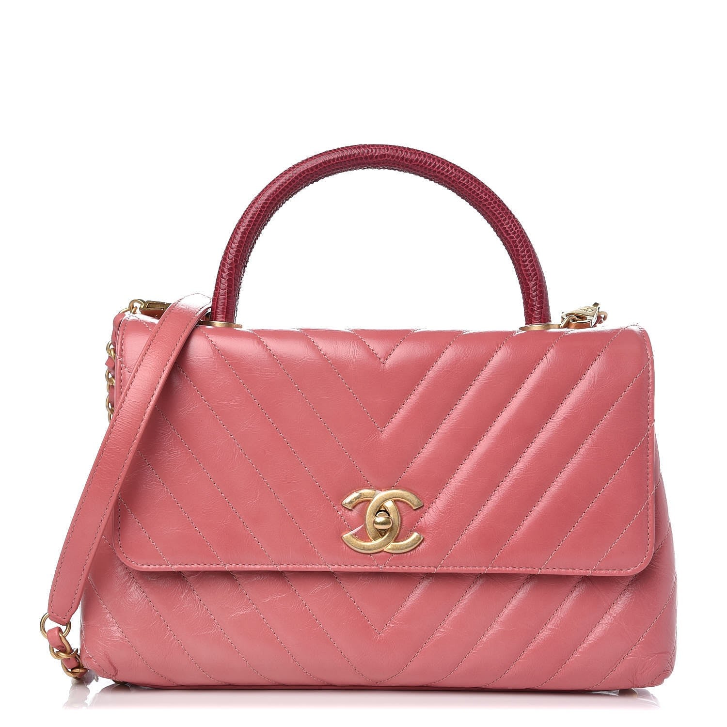 Chanel Calfskin Lizard Chevron Quilted Small Coco Handle Flap Pink 1 of 7