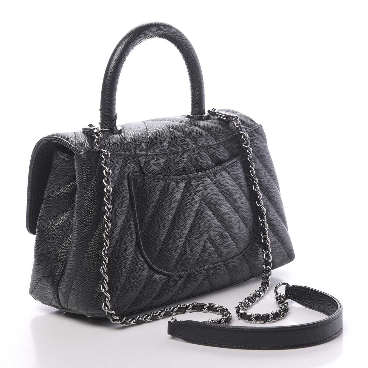 Caviar Chevron Quilted Mini Coco Handle Flap Black