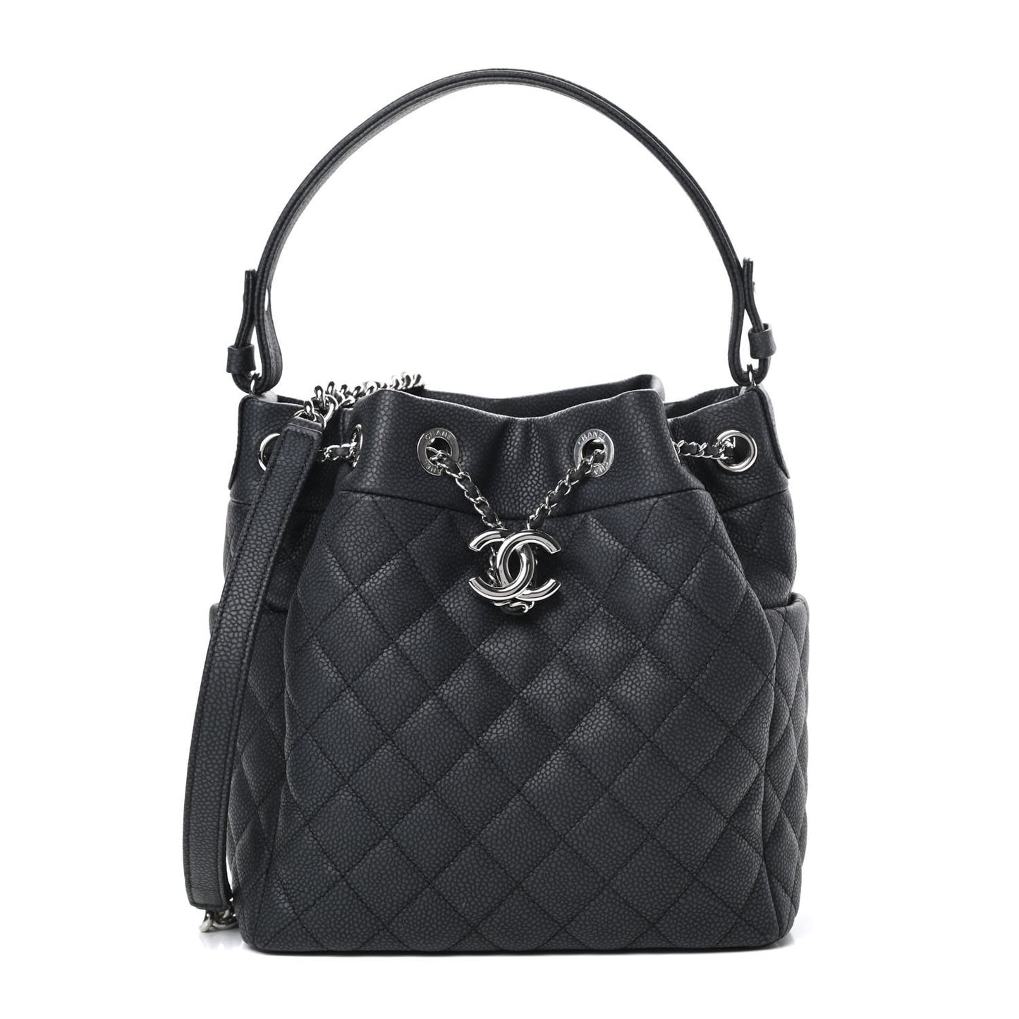 Caviar Flat Quilted CC Chain Bucket Drawstring Bag Black