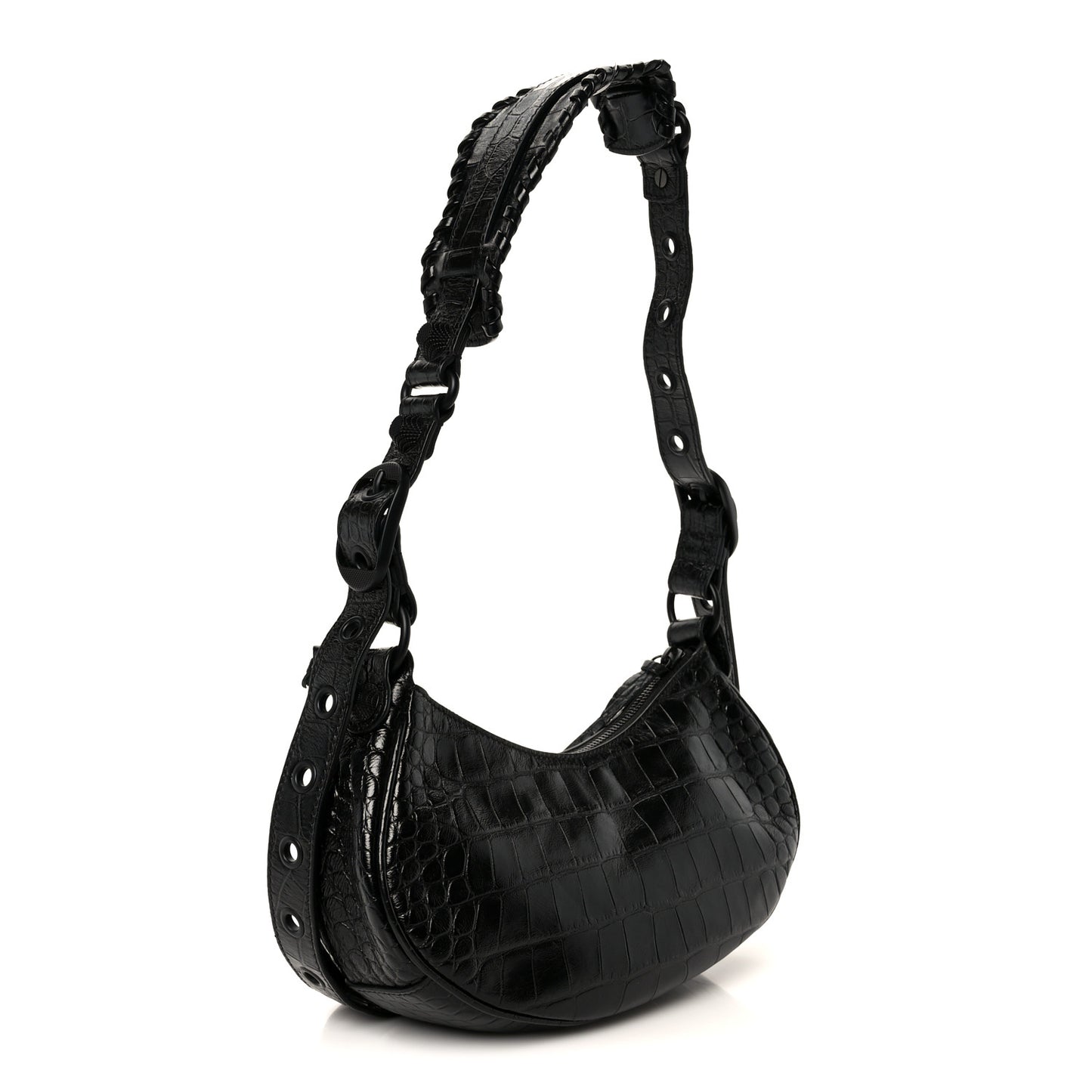 Extra Supple Calfskin Crocodile Embossed Monochrome Le Cagole Shoulder Bag XS Black