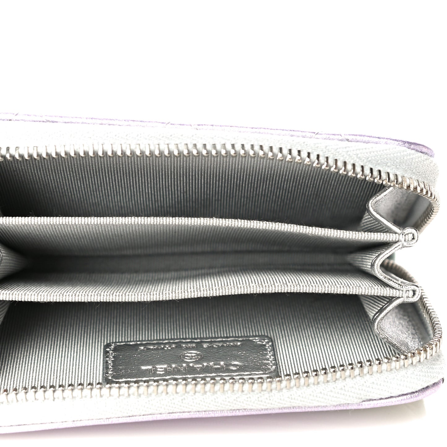 Gradient Metallic Calfskin Quilted Zip Around Coin Purse Wallet Silver Blue Yellow Purple