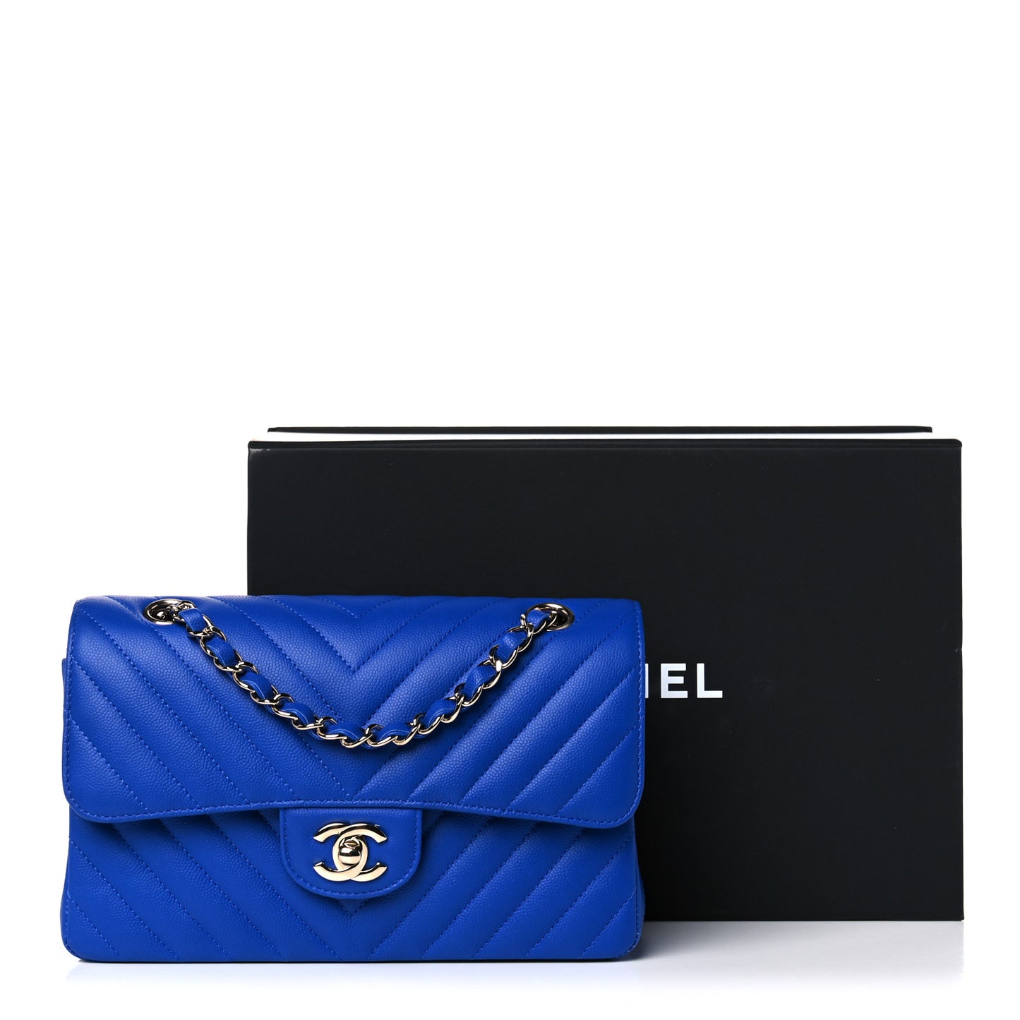 Caviar Chevron Quilted Small Double Flap Blue