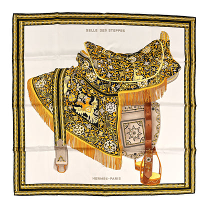 Hermes Silk Selle Des Steppes Scarf 90 White Or Black 1 of 4