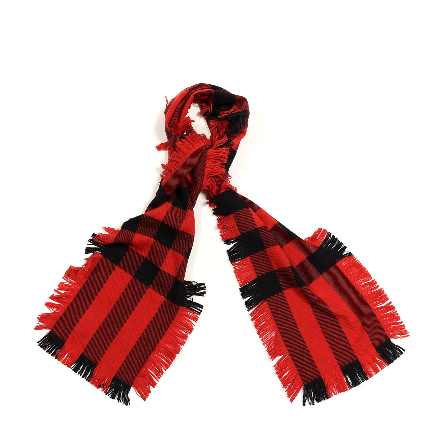 Wool Half Mega Check Fringe Scarf Red