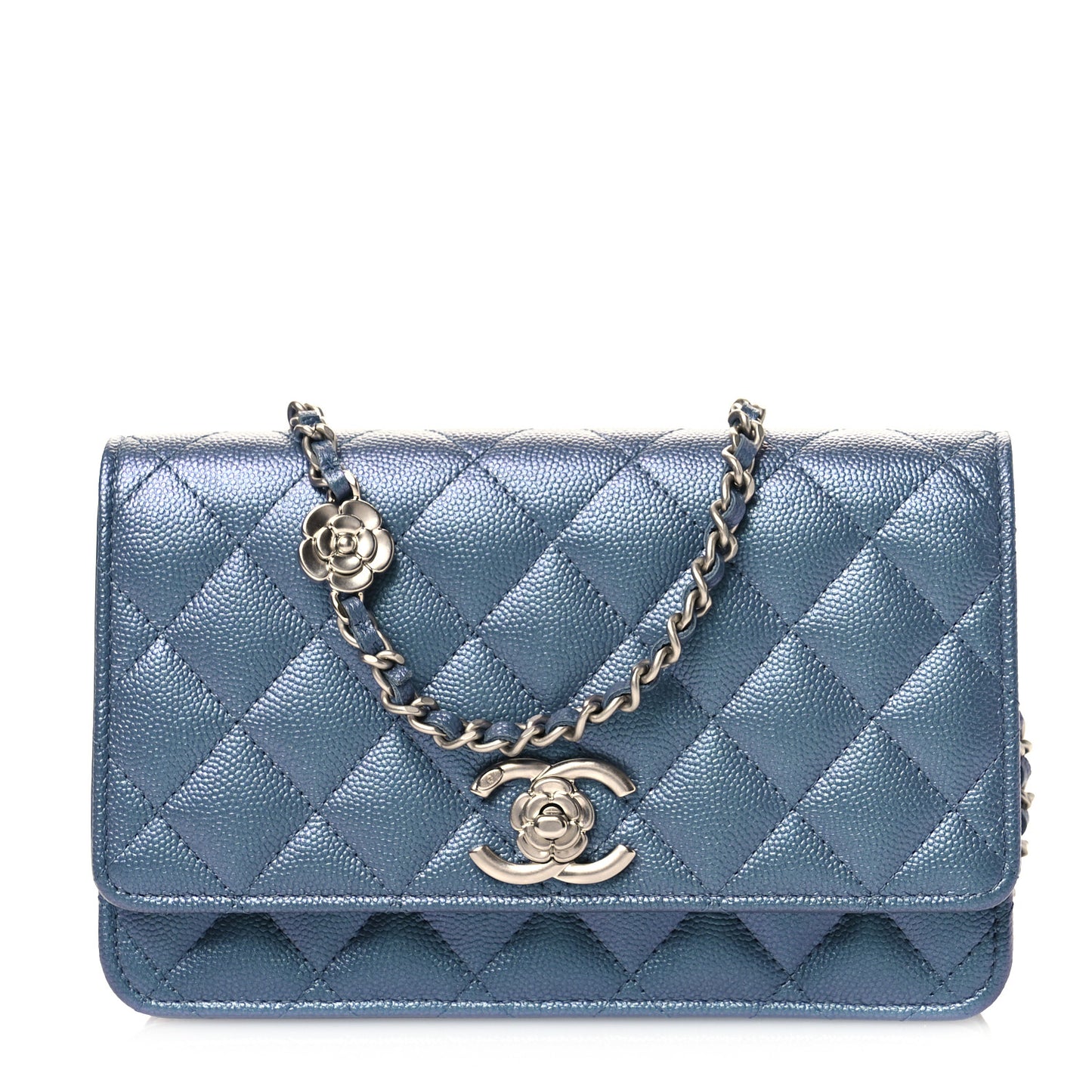 Iridescent Caviar Camellia Quilted Wallet on Chain WOC Dark Blue