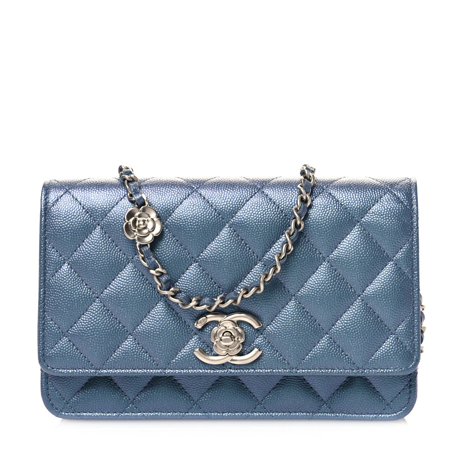 Chanel Iridescent Caviar Camellia Quilted Wallet on Chain WOC Dark Blue 1 of 12