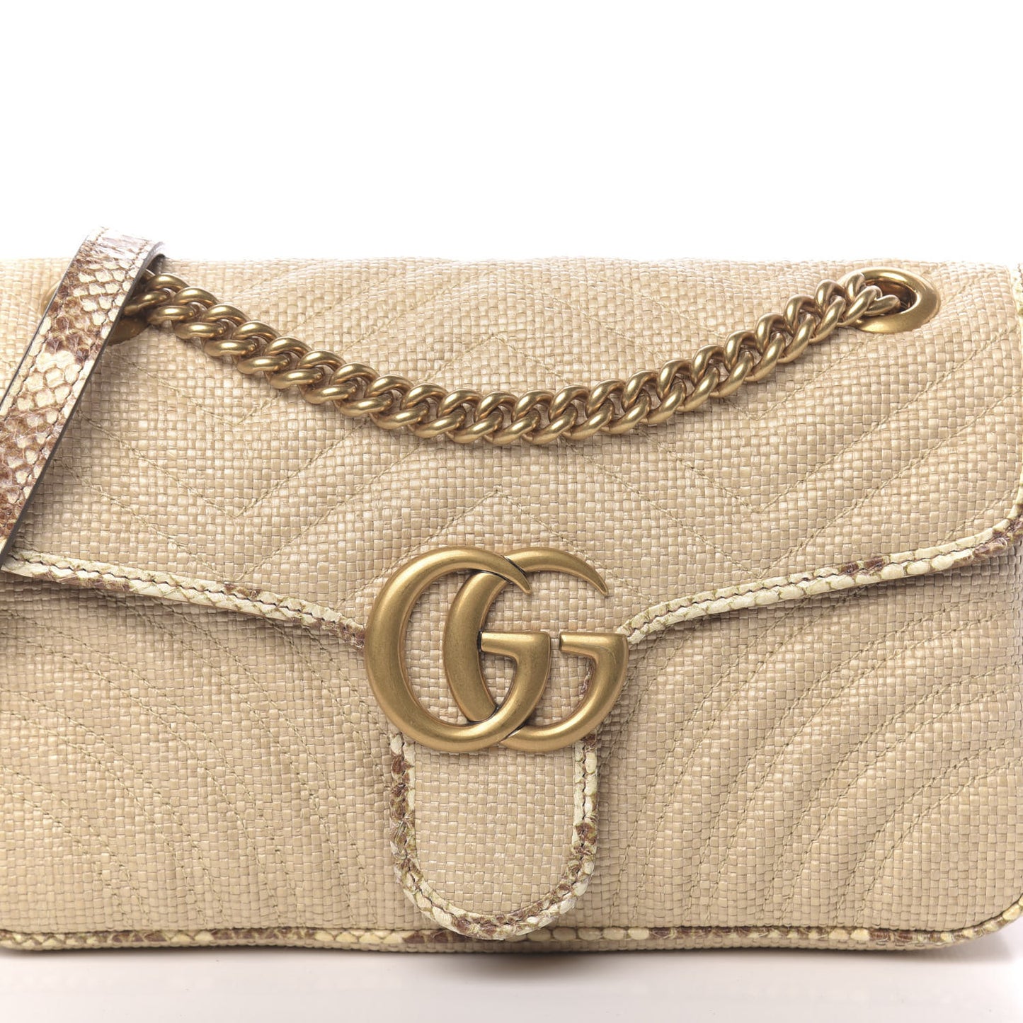 Raffia Elaphe Matelasse Small GG Marmont Shoulder Bag Natural Cream Brown