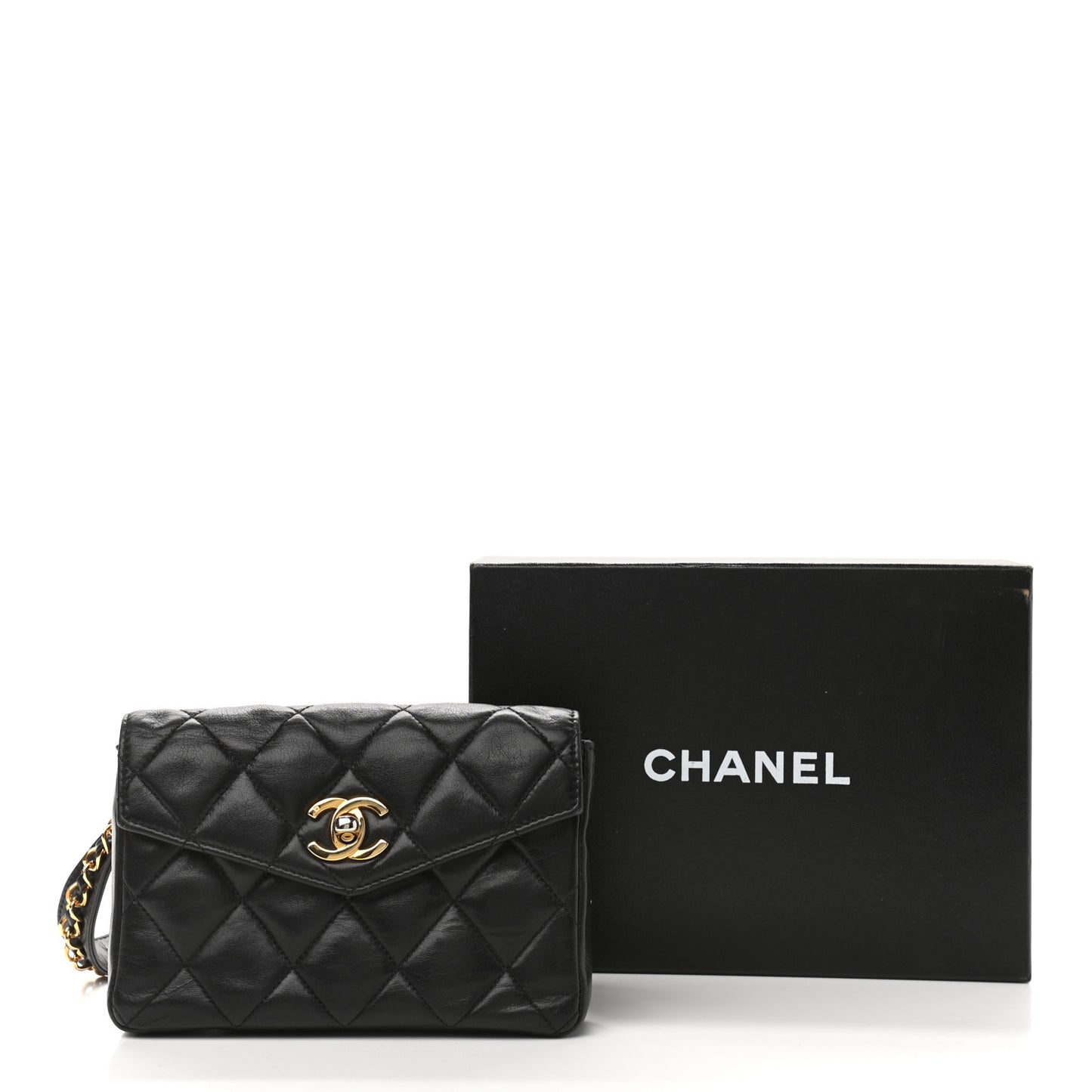 Lambskin Quilted Flap Waist Belt Bag Black