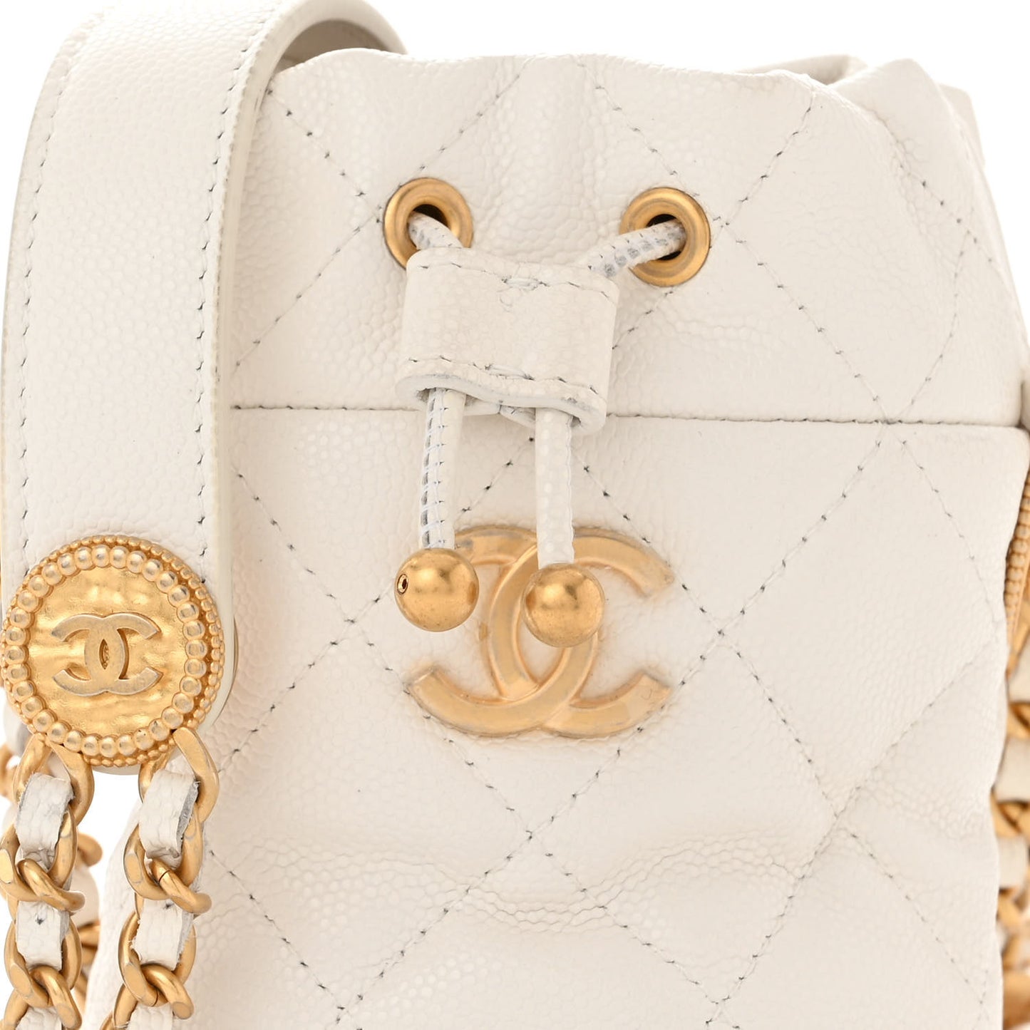 Caviar Quilted Twist Your Buttons Mini Bucket Bag White