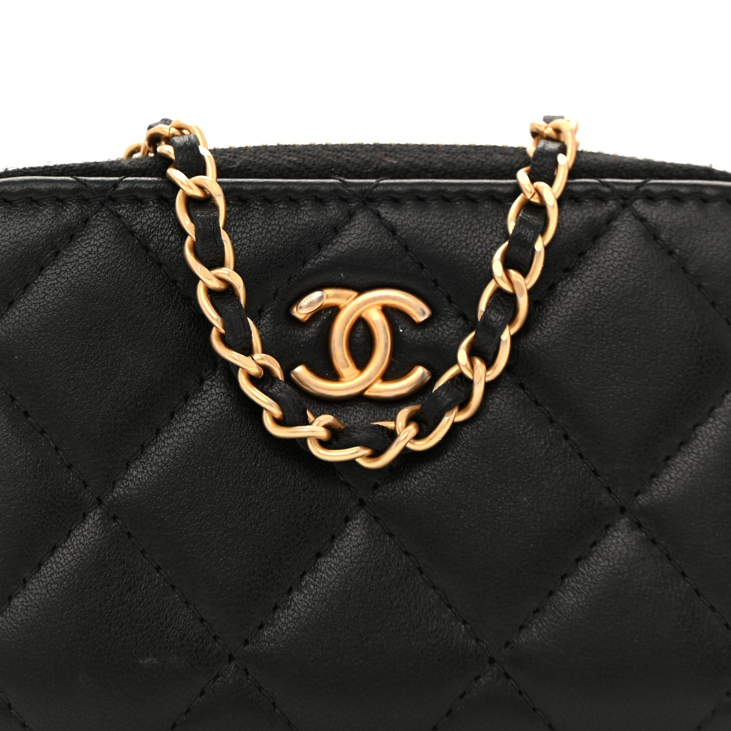Lambskin Quilted CC Pearl Crush Zip Card Holder On Chain Black