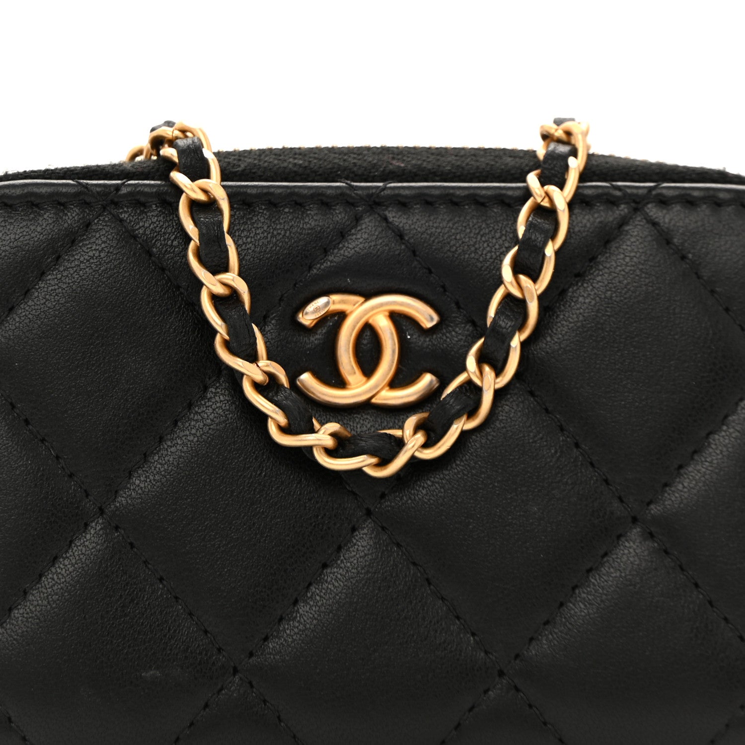 Chanel Lambskin Quilted CC Pearl Crush Zip Card Holder On Chain Black 7 of 10